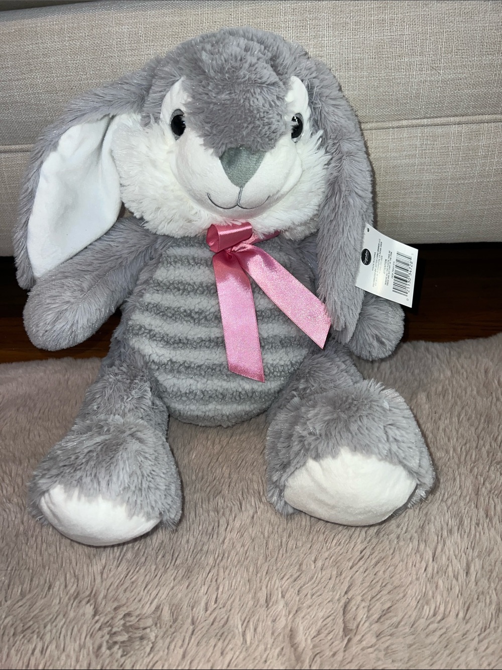 Plush Grey Bunny Stuffed Animal with Pink Bow - Kids Toys
